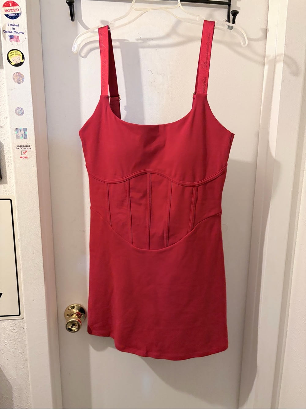 Frederick’s- size XL- red mini dress w/ shorts attached, corset style. NWT